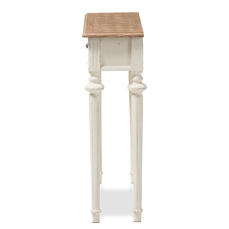 Console en bois de style provincial français, chêne patiné et finition délavée vieillie