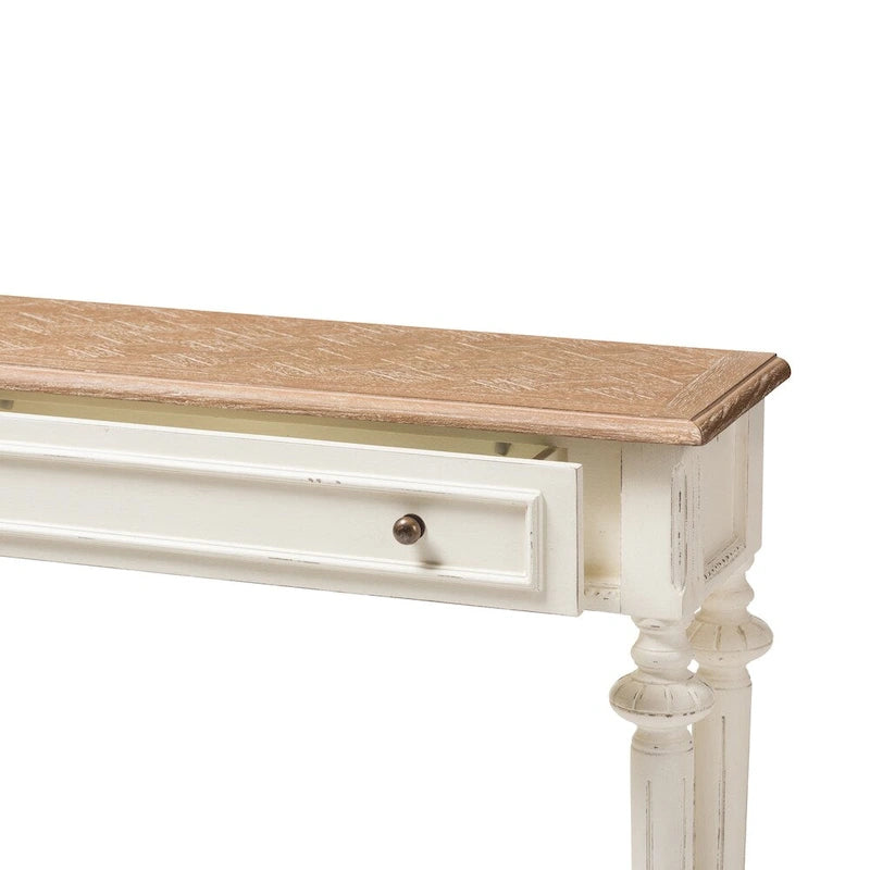Console en bois de style provincial français, chêne patiné et finition délavée vieillie