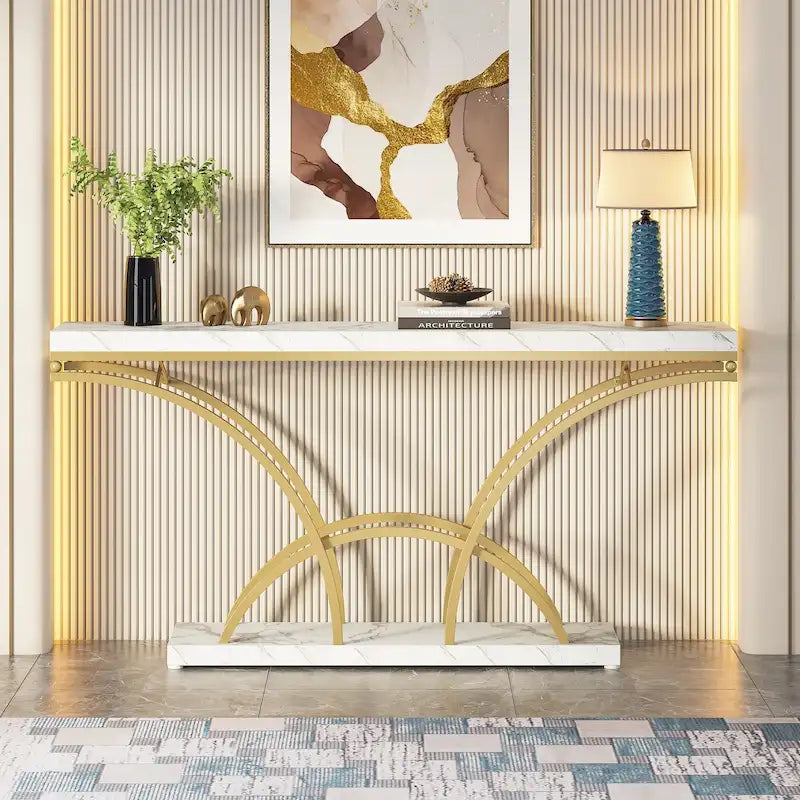 70.9 Table console en faux marbre avec pieds en métal en demi-lune pour entrée, tables d'appoint pour salon