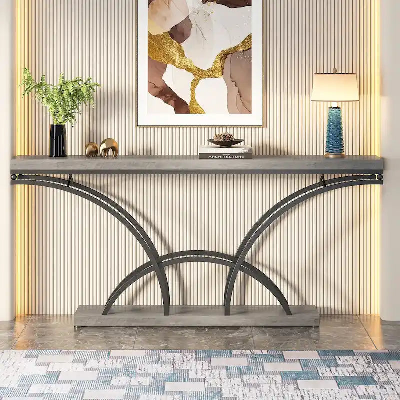 70.9 Table console en faux marbre avec pieds en métal en demi-lune pour entrée, tables d'appoint pour salon