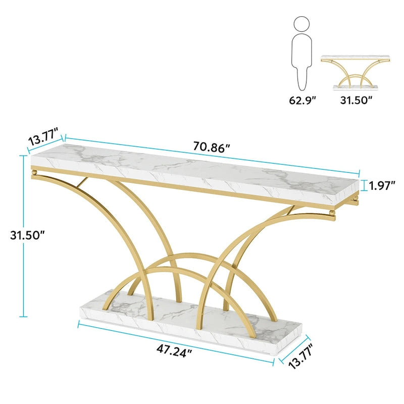 70.9 Table console en faux marbre avec pieds en métal en demi-lune pour entrée, tables d'appoint pour salon