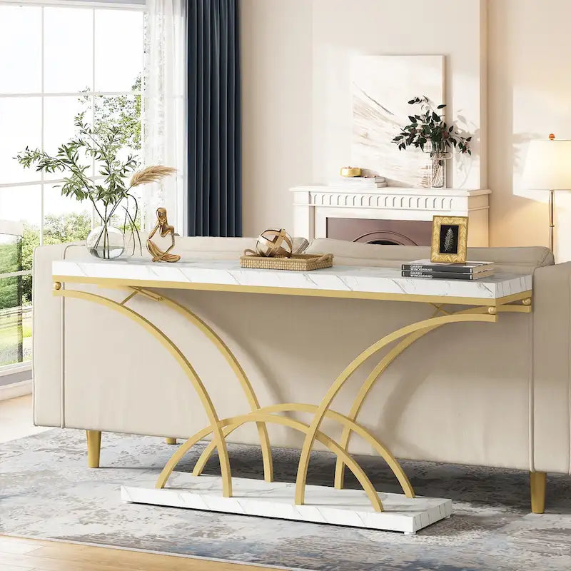 70.9 Table console en faux marbre avec pieds en métal en demi-lune pour entrée, tables d'appoint pour salon