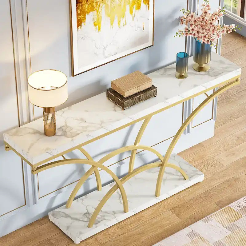 70.9 Table console en faux marbre avec pieds en métal en demi-lune pour entrée, tables d'appoint pour salon