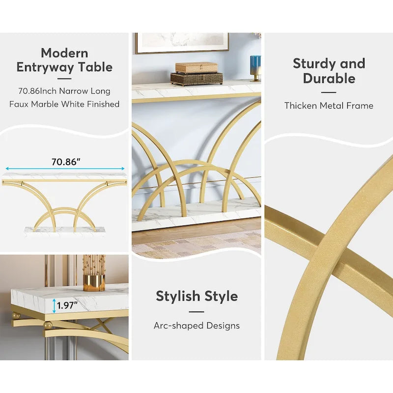 70.9 Table console en faux marbre avec pieds en métal en demi-lune pour entrée, tables d'appoint pour salon