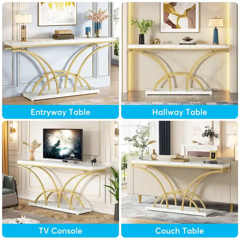 70.9 Table console en faux marbre avec pieds en métal en demi-lune pour entrée, tables d'appoint pour salon