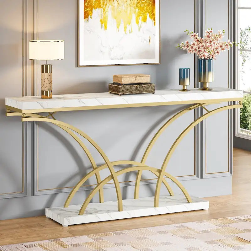 70.9 Table console en faux marbre avec pieds en métal en demi-lune pour entrée, tables d'appoint pour salon
