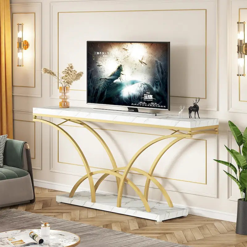 70.9 Table console en faux marbre avec pieds en métal en demi-lune pour entrée, tables d'appoint pour salon