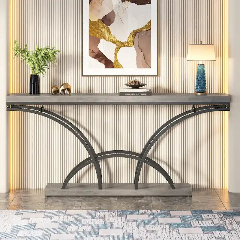 70.9 Table console en faux marbre avec pieds en métal en demi-lune pour entrée, tables d'appoint pour salon