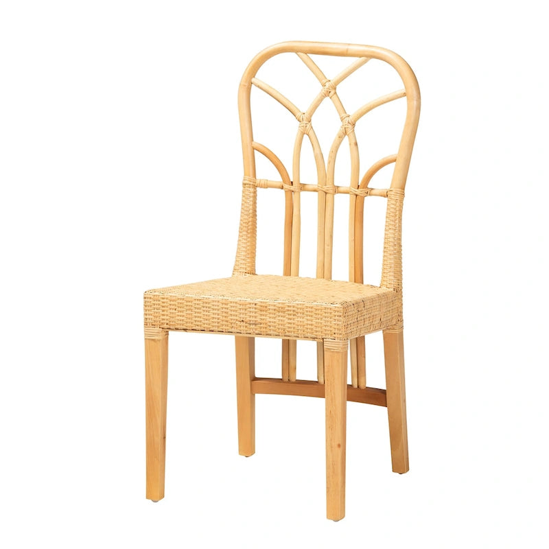 Chaise de salle à manger moderne bohème en chêne marron acajou et rotin naturel