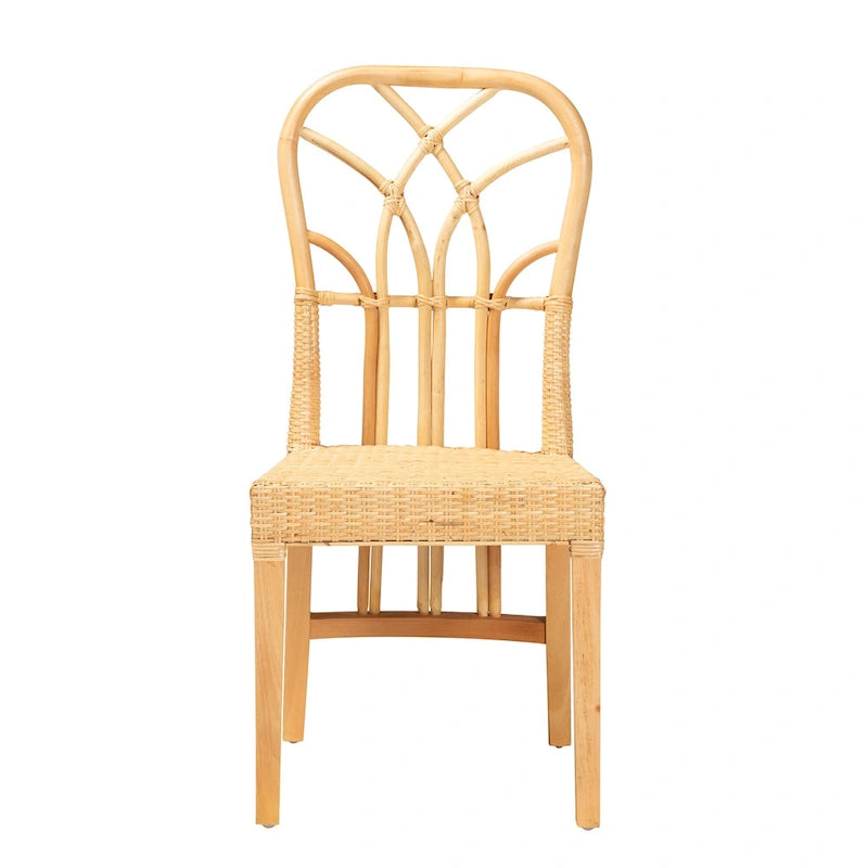 Chaise de salle à manger moderne bohème en chêne marron acajou et rotin naturel