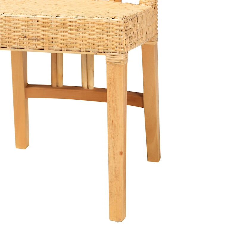 Chaise de salle à manger moderne bohème en chêne marron acajou et rotin naturel