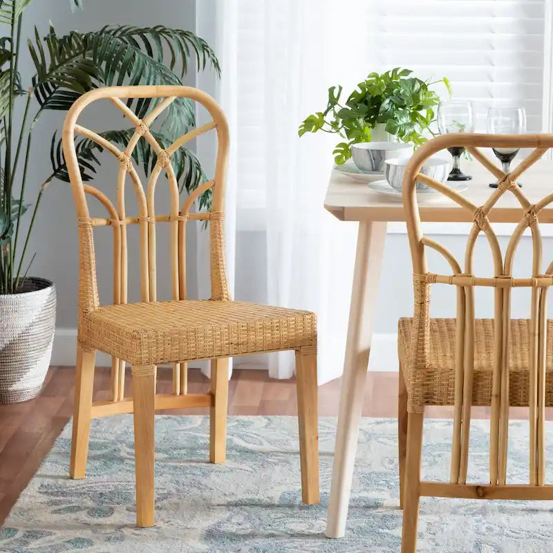 Chaise de salle à manger moderne bohème en chêne marron acajou et rotin naturel