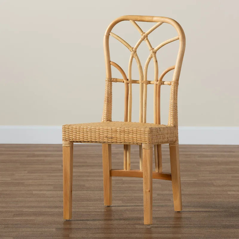 Chaise de salle à manger moderne bohème en chêne marron acajou et rotin naturel