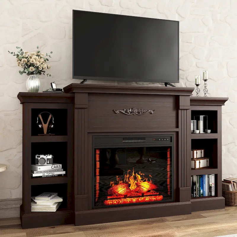 Meuble TV cheminée classique en bois de 70 po avec foyer électrique de 28 po