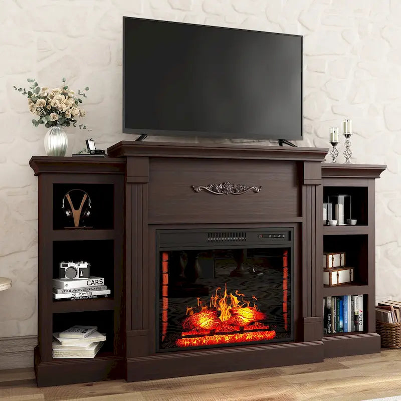 Meuble TV cheminée classique en bois de 70 po avec foyer électrique de 28 po