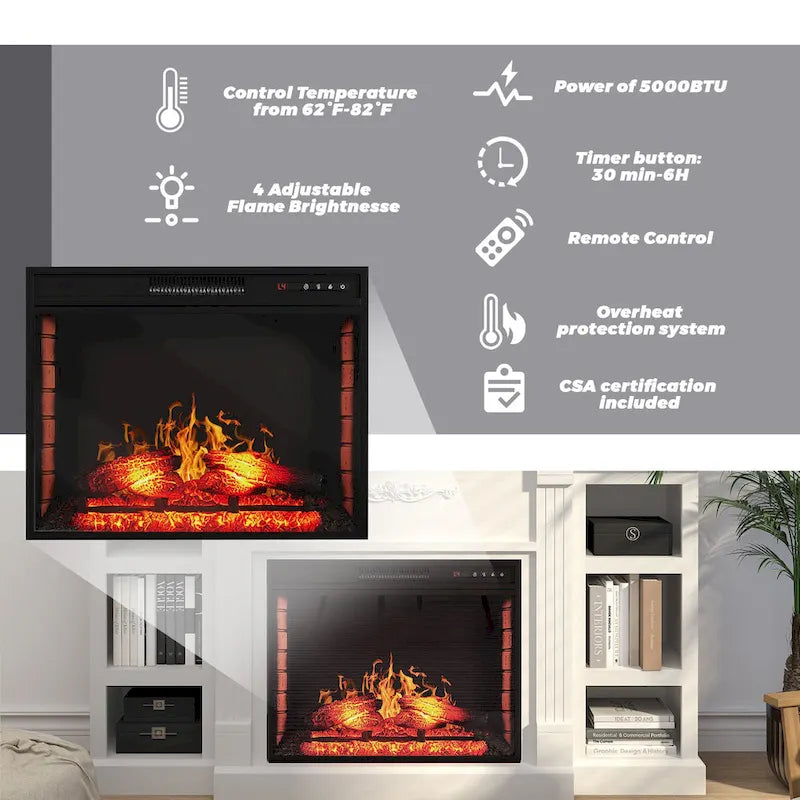 Meuble TV cheminée classique en bois de 70 po avec foyer électrique de 28 po