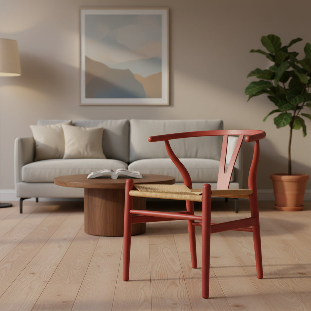 Chaise à accoudoirs rouge moderne en bois, dossier en Y ouvert, contemporaine pour cuisine, salle à manger avec assise tressée