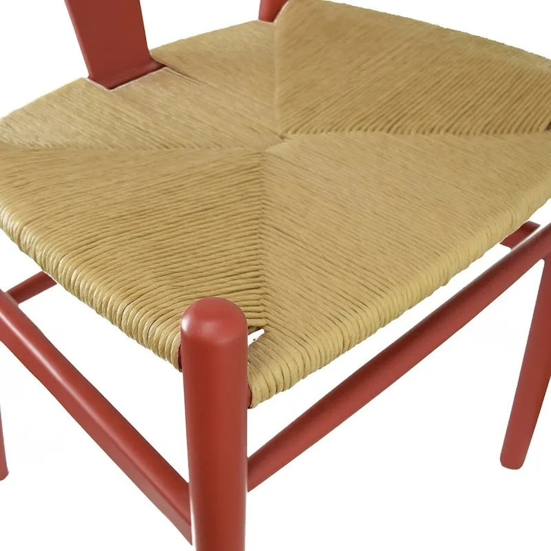 Chaise à accoudoirs rouge moderne en bois, dossier en Y ouvert, contemporaine pour cuisine, salle à manger avec assise tressée