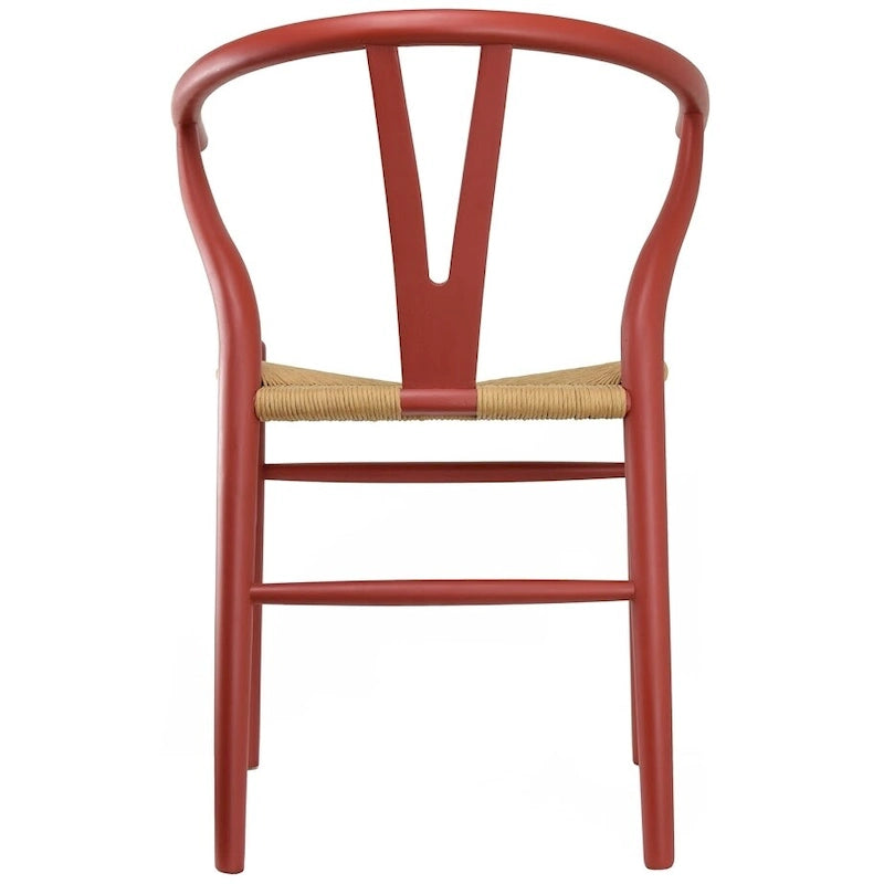 Chaise à accoudoirs rouge moderne en bois, dossier en Y ouvert, contemporaine pour cuisine, salle à manger avec assise tressée