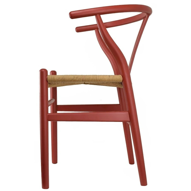 Chaise à accoudoirs rouge moderne en bois, dossier en Y ouvert, contemporaine pour cuisine, salle à manger avec assise tressée