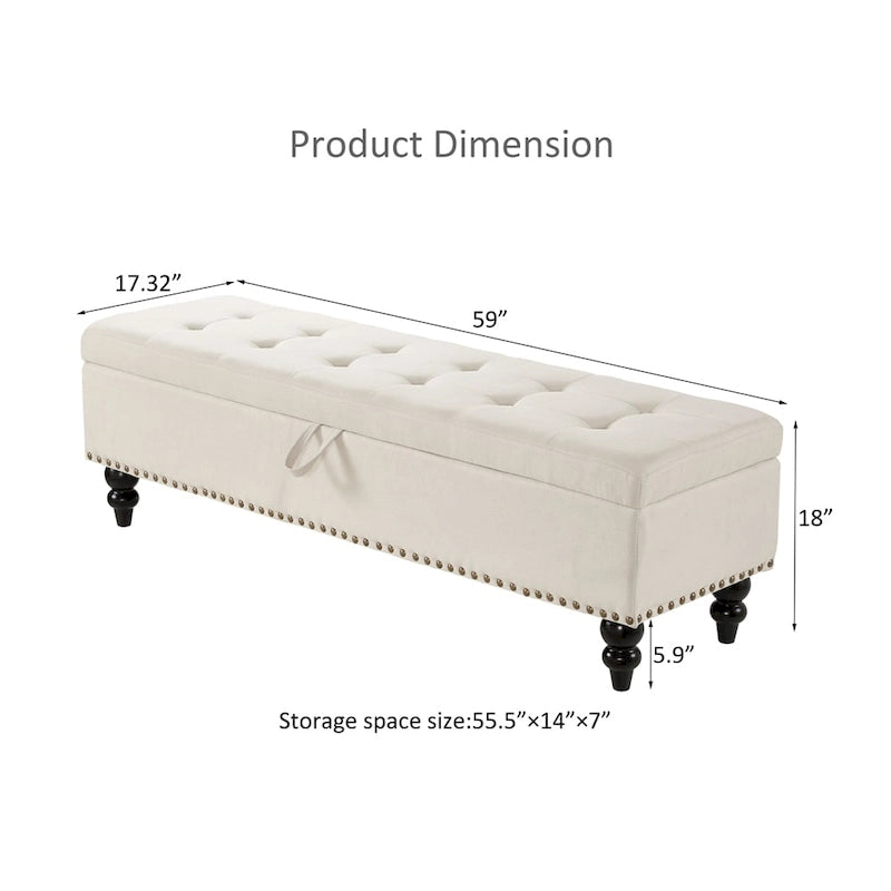 Banc de lit/ottoman de 59 po avec rangement en tissu