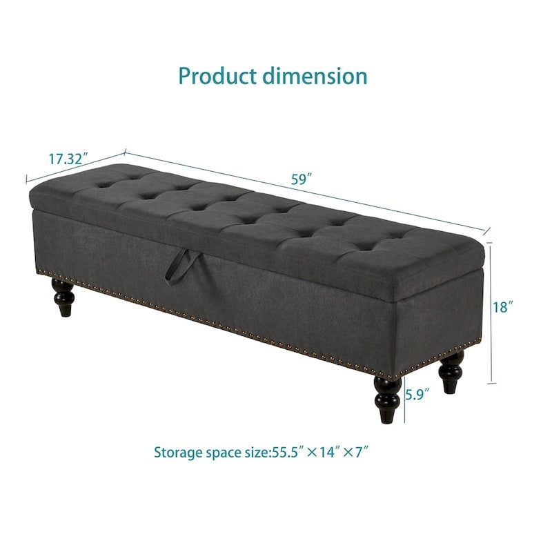 Banc de lit/ottoman de 59 po avec rangement en tissu