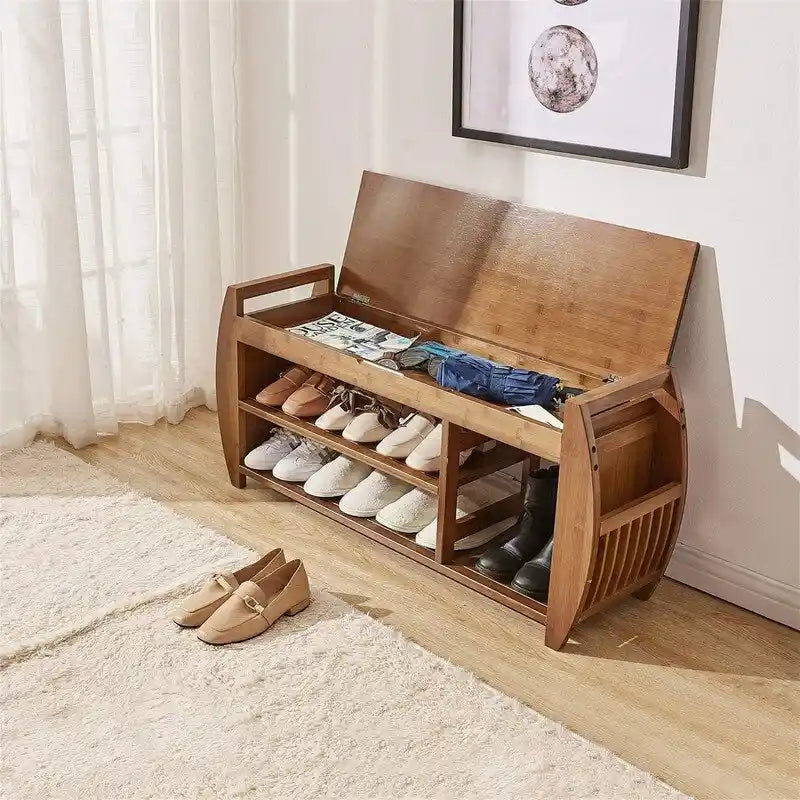 Banc de rangement pour chaussures en bambou avec coussin rembourré