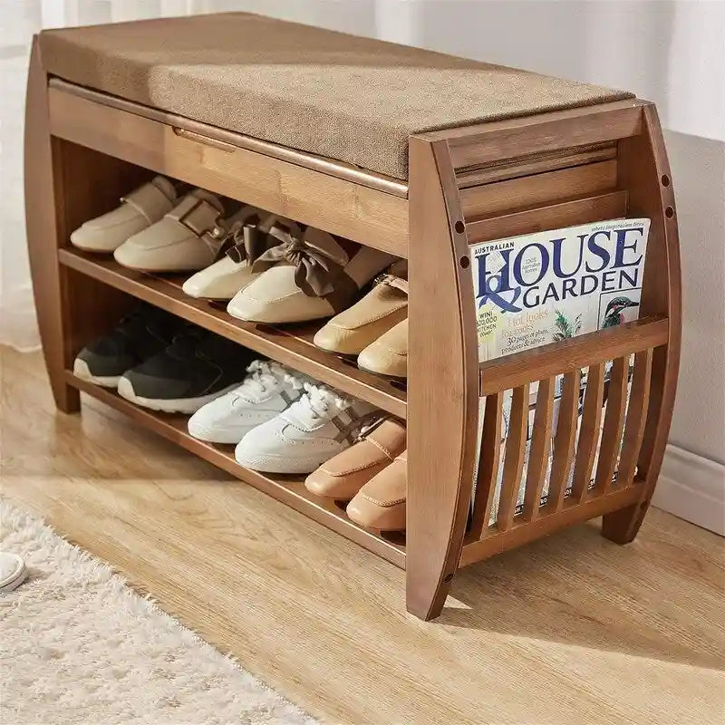 Banc de rangement pour chaussures en bambou avec coussin rembourré