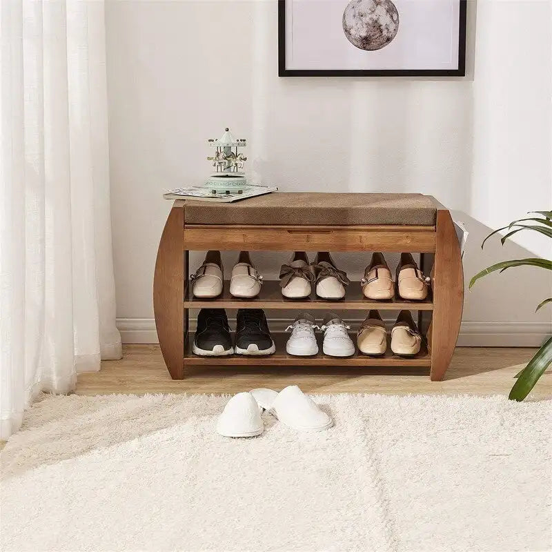 Banc de rangement pour chaussures en bambou avec coussin rembourré