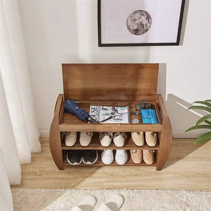 Banc de rangement pour chaussures en bambou avec coussin rembourré