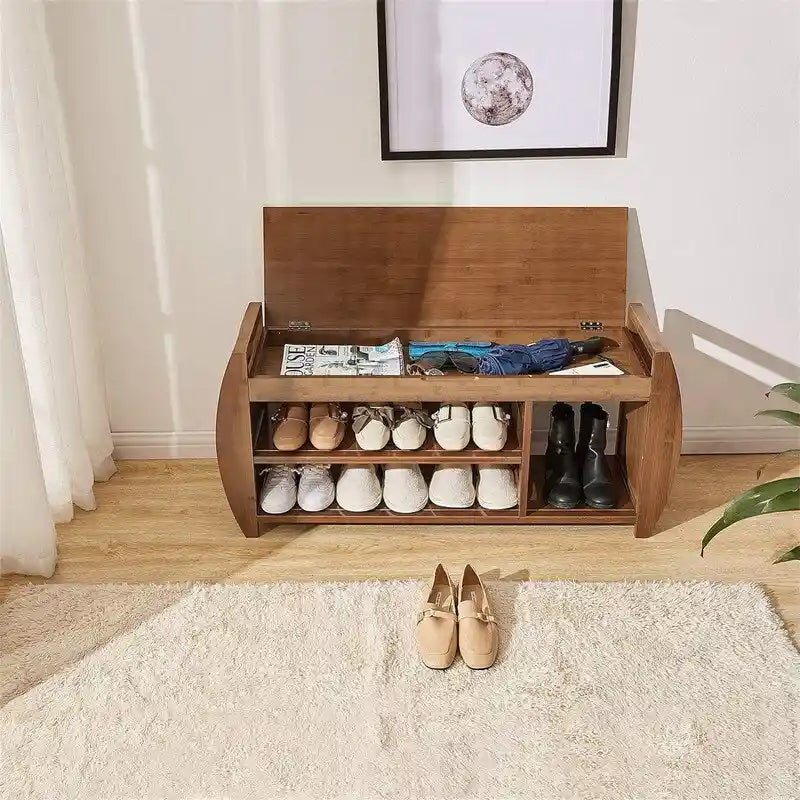 Banc de rangement pour chaussures en bambou avec coussin rembourré