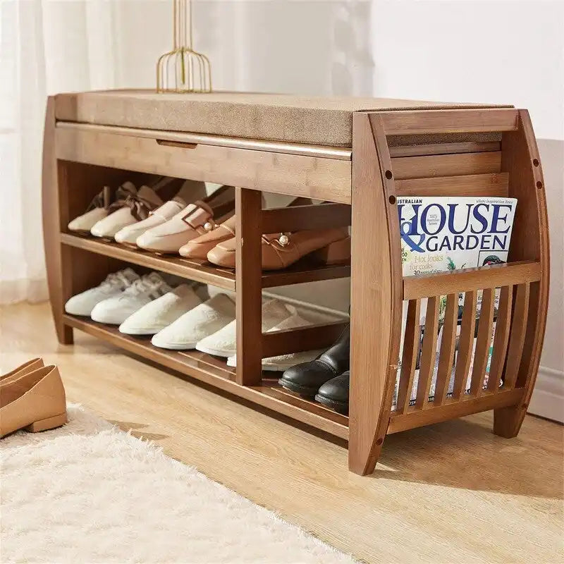 Banc de rangement pour chaussures en bambou avec coussin rembourré