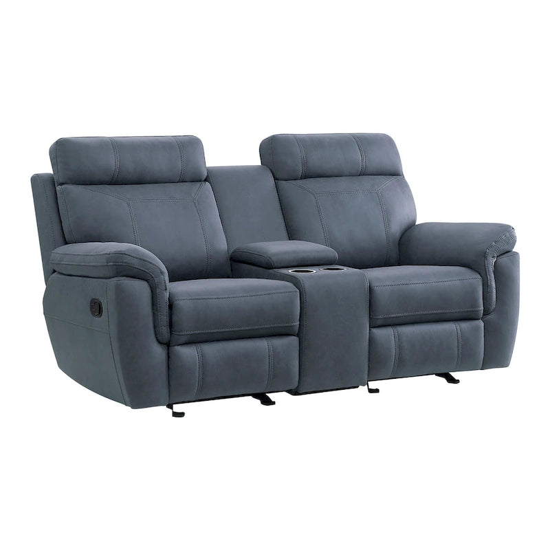 Causeuse inclinable manuelle de 76 po, bois massif, microfibre bleue