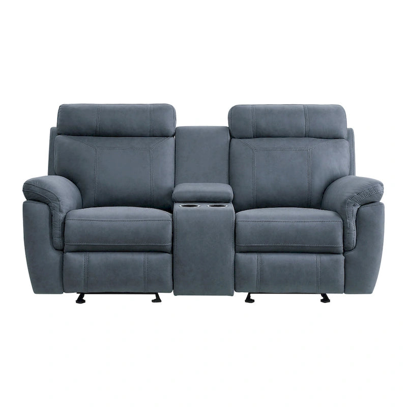 Causeuse inclinable manuelle de 76 po, bois massif, microfibre bleue