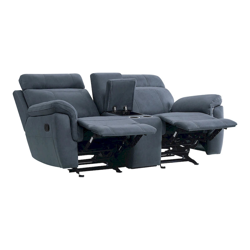 Causeuse inclinable manuelle de 76 po, bois massif, microfibre bleue