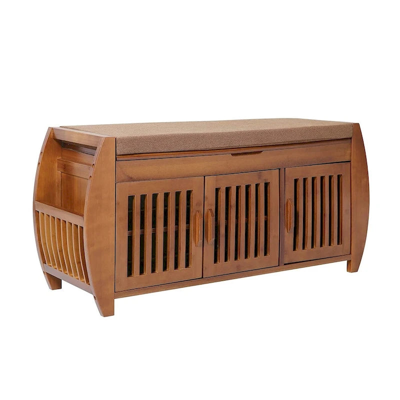 Banc de rangement à chaussures en bambou avec espace de rangement et coussin d'assise rembourré, pour entrée, salon, chambre, marron