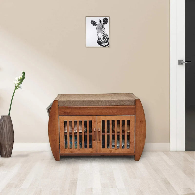 Banc de rangement à chaussures en bambou avec espace de rangement et coussin d'assise rembourré, pour entrée, salon, chambre, marron