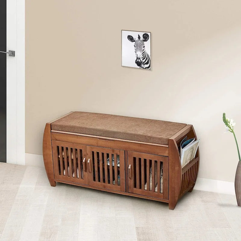 Banc de rangement à chaussures en bambou avec espace de rangement et coussin d'assise rembourré, pour entrée, salon, chambre, marron
