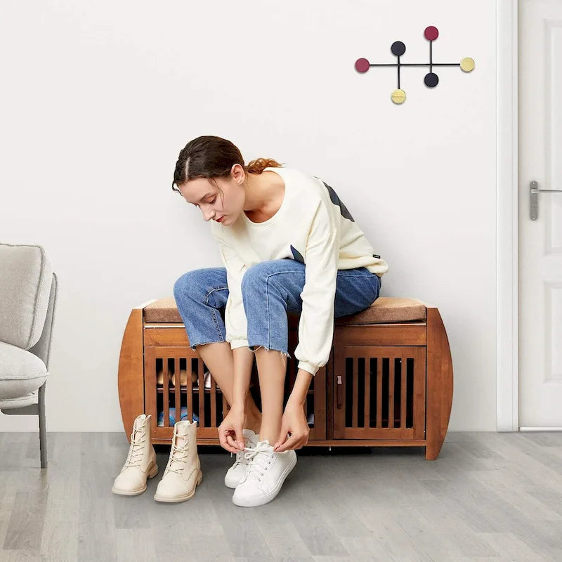 Banc de rangement à chaussures en bambou avec espace de rangement et coussin d'assise rembourré, pour entrée, salon, chambre, marron