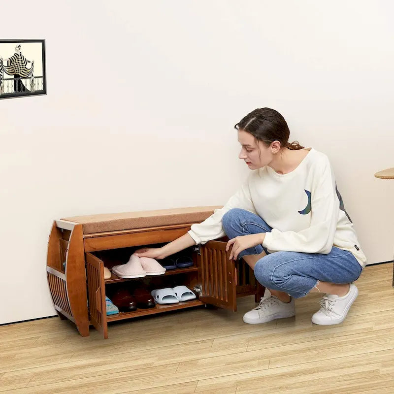 Banc de rangement à chaussures en bambou avec espace de rangement et coussin d'assise rembourré, pour entrée, salon, chambre, marron