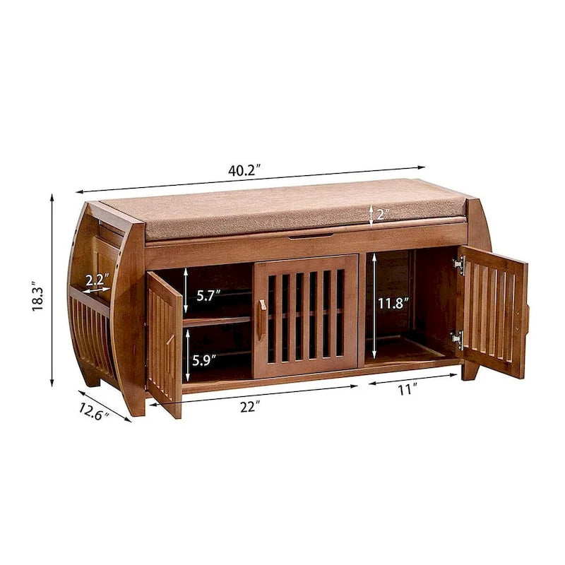 Banc de rangement à chaussures en bambou avec espace de rangement et coussin d'assise rembourré, pour entrée, salon, chambre, marron