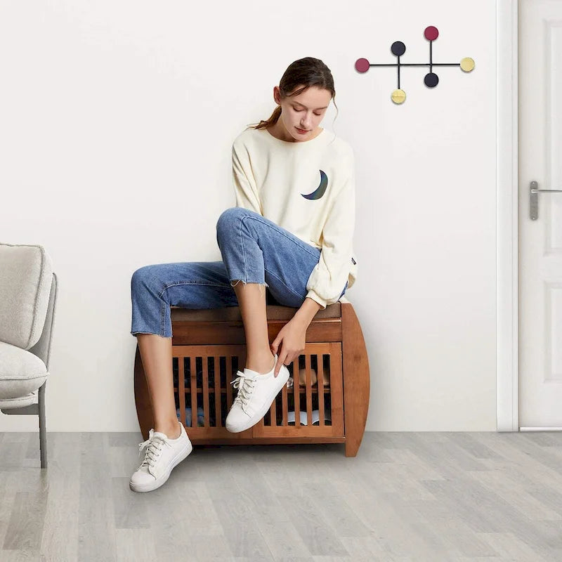 Banc de rangement à chaussures en bambou avec espace de rangement et coussin d'assise rembourré, pour entrée, salon, chambre, marron