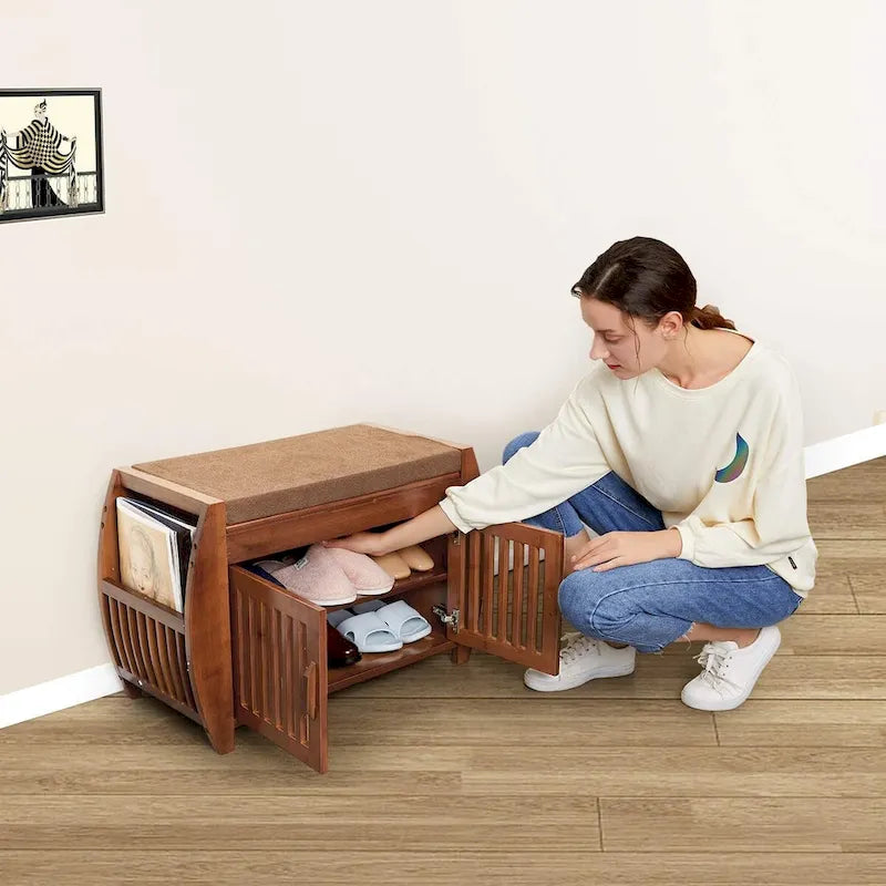 Banc de rangement à chaussures en bambou avec espace de rangement et coussin d'assise rembourré, pour entrée, salon, chambre, marron