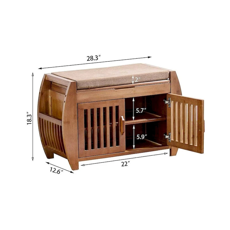 Banc de rangement à chaussures en bambou avec espace de rangement et coussin d'assise rembourré, pour entrée, salon, chambre, marron