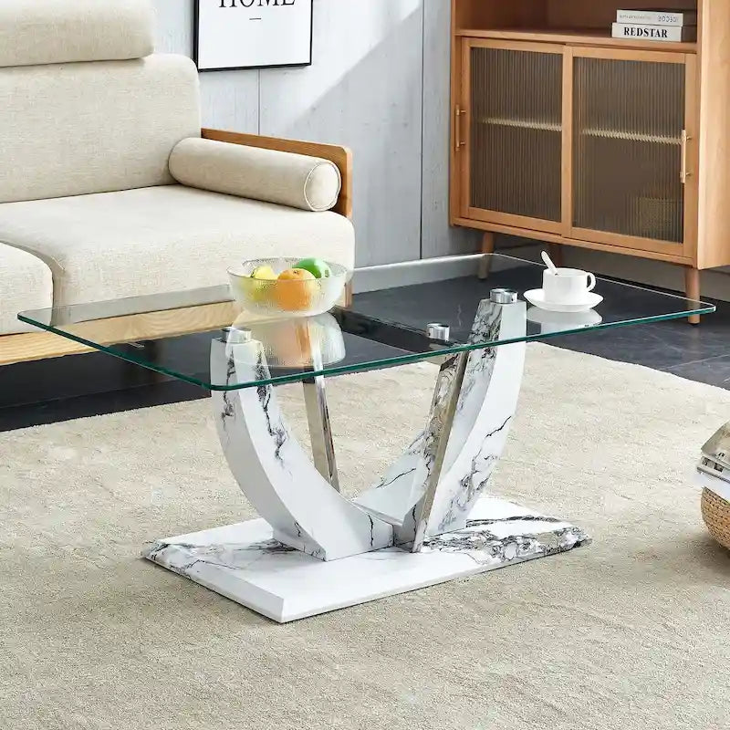 Table basse moderne en verre trempé avec colonnes en acier inoxydable à motif marbre