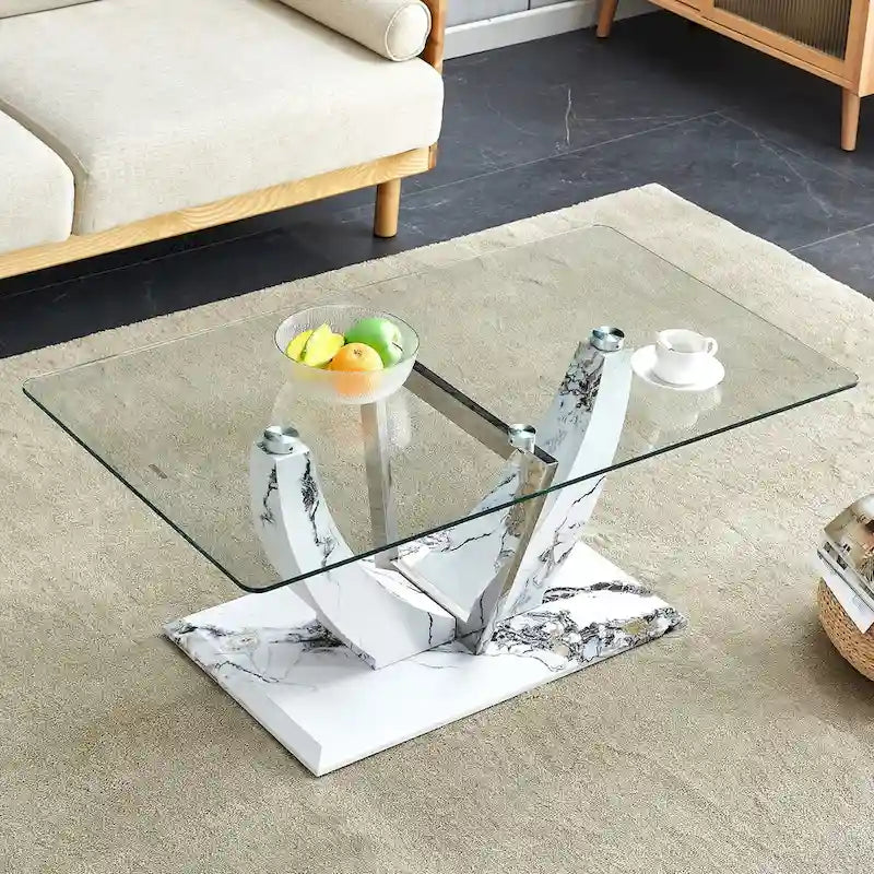 Table basse moderne en verre trempé avec colonnes en acier inoxydable à motif marbre