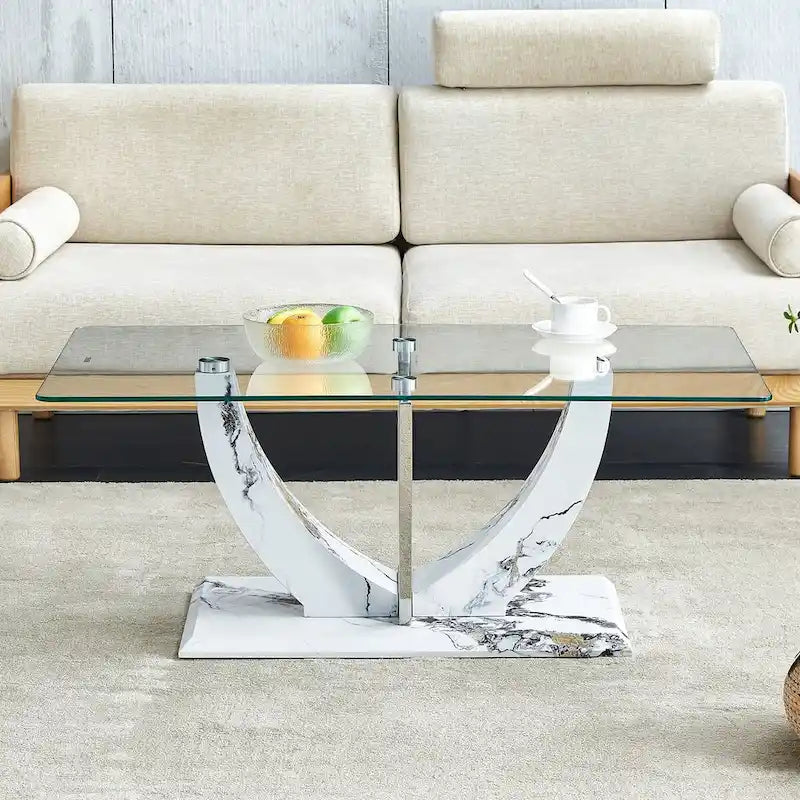 Table basse moderne en verre trempé avec colonnes en acier inoxydable à motif marbre