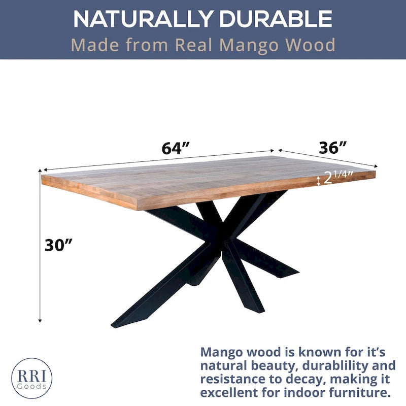 Table à manger en bois de manguier de 160 cm avec pieds araignée en métal