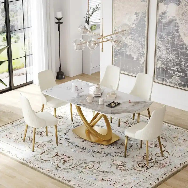 Table de salle à manger de 180 cm, Table de salle à manger moderne pour 8 personnes, en pierre frittée blanc antique avec pied piédestal en acier inoxydable doré