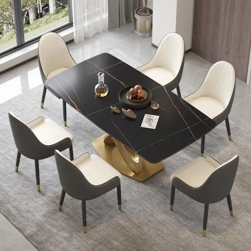 Table de salle à manger de 180 cm, Table de salle à manger moderne pour 8 personnes, en pierre frittée blanc antique avec pied piédestal en acier inoxydable doré